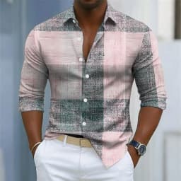 Men's retro plaid print long-sleeved shirt, button-down front for everyday wear, relaxed fit, business casual top.