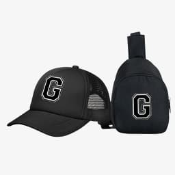 2pcs Kids' 26 letter printed pattern truck hat+chest bag set, stylish casual sunhat, portable storage purse, suitable for daily