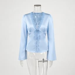 Tuularose Elegant Summer Tops Women's Fashion Solid V-Neck Lace-Up Long Sleeve Tops New Chic Casual Office Lady Women's T-Shirts