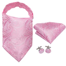 Hi-Tie Silk Mens Ascots Hanky Cufflinks Set Jacquard Paisley Floral Cravat Tie Self Vintage Ascot Black Gray Red Gold Pink Blue