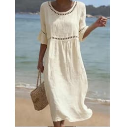 Hollow-out Solid Cotton Linen A-Line Dress Woman O Neck High Waist Loose Dresses Summer Flare Sleeve Beach Vacation Dress
