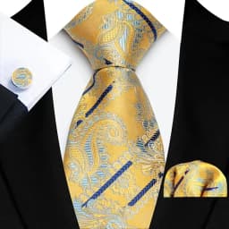 3Pcs Men's Yellow Color Stripes Plaid Solid Ties Pocket Square Cufflinks Wedding Prom Accessories 8cm Cravat Gift for Men