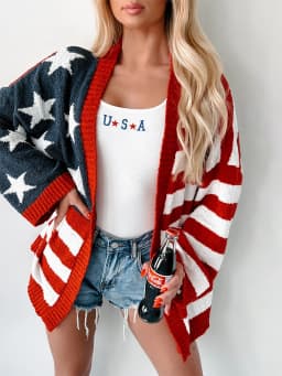 Women's Chic Flag Sweaters Cardigans 4th of July Long Sleeve Sweater Cardigans Open Front Knitwear Coat Tops