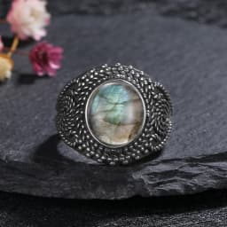 Silver Ring for Women Oval Round Natural Labradorite Ring Gift Sun Shaped Retro Luxury Fine Jewelry