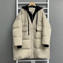 Schinteon Women White Duck Down Over Size Jacket Autumn Winter Warm Casual Outwear with Hood Fake Two Pieces Patchwork Coat 2023