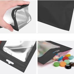50pcs Black Foil Pouch Reusable Self Sealing Mylar Bag Ziplock Hang Bags with Clear Window for Diy Jewelry Display Packaging
