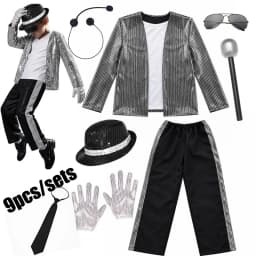 Kids Sequin Dance Costume 6Pcs Singer Performance Outfit Glitter Jacket Pants Hat Gloves Sunglasses Halloween Stage Cosplay Suit