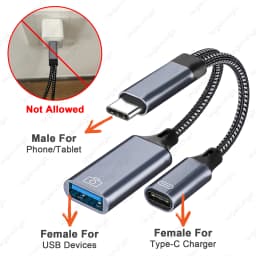 2in1 Type C to USB A OTG Cable Phone Adapter with Charging Cord and USB Port for IPhone15 16 Pro Mac iPad Samsung Huawei Laptop