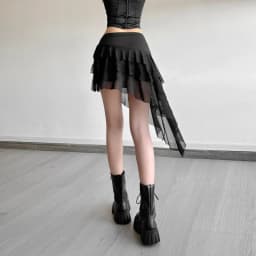 SylCue Mesh Patchwork Mini Skirts Women Elastic Waist Bandage Decoration Tierred Street Versatile Style Ruched Elegant Bottoms