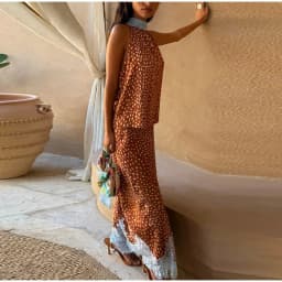 2026 New Elegant Printed Reversible Ribbon Top Lace Insert Skirt Set Women's Sleeveless Dot Two-Piece Outfit Lady Casual Wear