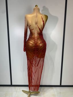 Sexy Red Mesh See Through Diamonds Sequins Dress Luxury Birthday Evening Party Costume Bar Nightclub Stage Performance Outfit