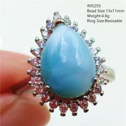 Natural Blue Larimar Adjustable Ring 925 Sterling Silver Larimar Gemstone Women Men Water Pattern AAAAA