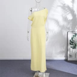 One Shoulder Women Dress Solid Color Waist Cinched Long Dress Sleeveless Backless Slim Fit Elegant Draped Stylish Party Wear