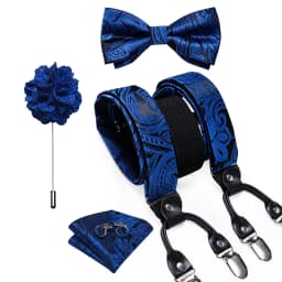 Luxury White Men's Suspenders Adjustable 6 Clips Braces DiBanGu Leather Metal Pre-Tied Bow Tie Brooch Pocket Square Set