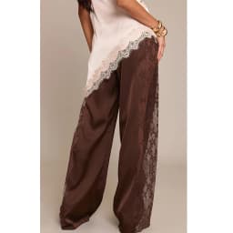 Casual Lace Satin Patchwork Pants Women Sexy See Through High Waist Lace Up Straight Trousers Spring Summer Lady Chic Trousers