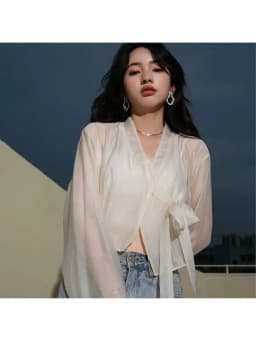 Spring Summer Hanfu Sle V-Ne Long Sve Translucent Chiffon Open Cardigan Sunade Outerwear Belted Fre Sle Women's ...