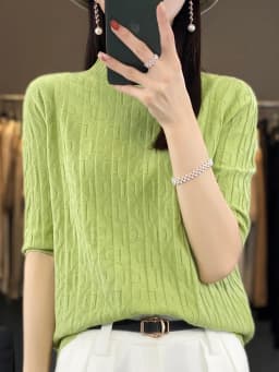 Women New Soft Diamond Letter Design Sweater Half-high Collar Three Quarter Sleeve Pullover Spring Summer Casual Knit Slim Top