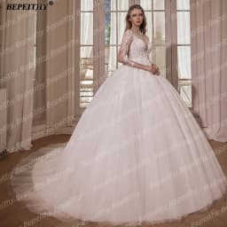 BEPEITHY Customized A Line Glitter Full Sleeves Wedding Dresses 2026 O Neck Court Train Illusion Bride Ivory Beading Bridal Gown