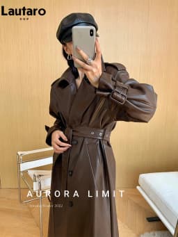 Lautaro Spring Autumn Long Loose Brown Pu Leather Trench Coat for Women Belt Double Breasted American and European Fashion 2023