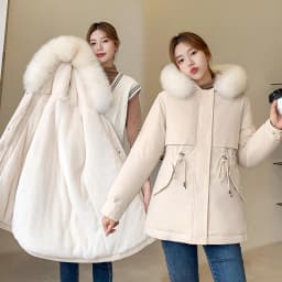 Women's Fleece Lined down Parka Coat Thickened Winter Jacket Korean Style Long Sleeve Zipper Closure Cotton Blend Duck Feather