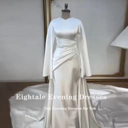 Eightale Arabic Wedding Dress V-Neck Customized White Ivory Mermaid Long Sleeves Beaded Muslim Satin Bridal Gown Robe De Mariée