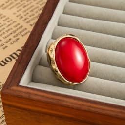 Retro Exaggerated Oval Red Resin Imitation Gemstone Metal Hammered Wide Face Ring for Women Charm Finger Jewelry Accessories