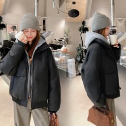 Retro Fake Two-Piece Hooded Puffer Jackets for Women Solid Color Casual Zip Up Padded Parkas Female Winter Warm Thick Outerwear
