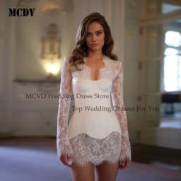 Customized Exquisite Short Lace Unique Wedding Dress White Long Sleeves vestidos de noche Lace-Up Back Mini After Party Gown