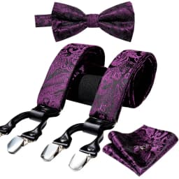 Burgundy Black White  Mens Suspender Adjustable 6 Clips Jacquard Braces Bowtie Hanky Cufflinks Set Silver Gold