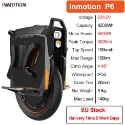 The latest Inmotion P6 electric unicycle from the EU, 235.2V battery, 4200Wh capacity, 6000W motor power, 20 inches, official INMOTION P6 EUC IP56