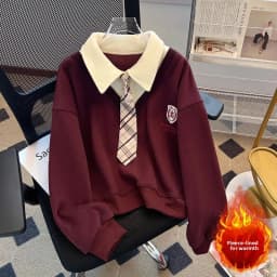 Thickened Fleece Sweatshirt Collar Women's Loose Top Fashionable Autumn Winter New Style College Style Tie Design Sweats...