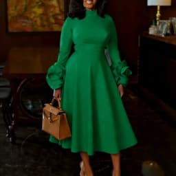 Classy Women A Line Pleated Dress Half High Neck Long Sleeve with 3D Floral High Waist Weddings Christmas New Year Formal Events