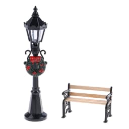 Miniature Christmas Street Lamp Post LED Lights Park Bench & Streetlight Micro Landscape Fairy Garden Ornament Dollhouse Decor