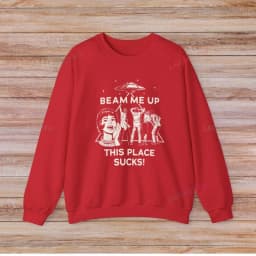 Beam Me Up This Place Sucks Stranger Long Sleeve Sweatshirt Alien UFO Abduction Retro Quote Autumn and Winter Matching Hoodies