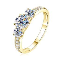 Celestinova Round Moissanite Three Stone Ring GRA Certified 14K Gold Plated Engagement Wedding Bridal Jewelry For Women