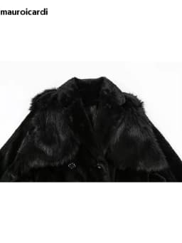 Nerazzurri Winter Long Black Thick Warm Fluffy Faux Fur Coat Women with Detachable Fake Fur Vest Double Breasted Overcoat 2024
