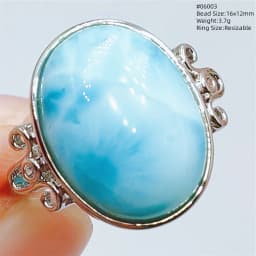 Natural Blue Larimar Adjustable Ring 925 Sterling Silver Larimar Gemstone Women Men Water Pattern AAAAA