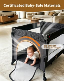 Steanny Pack N Play, All-in-one Playard with Bassinet, Pack and Play, Bedside Sleeper Foldable Travel Cribs with 4 Wheels, Changing Table, Mosquito Net, Toys Bars with Music, Unisex Playpen Combo Bassinet