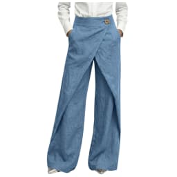 Womens Linen Wrap Wide Leg Pants High Waist Button Decor Asymmetrical Overlap Trousers Casual Loose Fit Office Lady Work Pants