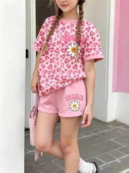 2026 Casual Children's Clothing Solid Color Printed Round Neck Short Sleeved Top + Solid Color Printed Wide Leg Shorts Pants Set