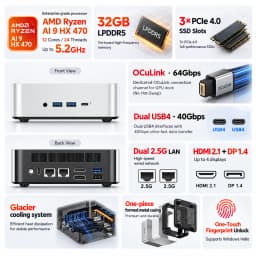 AOOSTAR MACO Mini PC AMD Ryzen AI 9 HX 470 32GB LPDDR5 8000MHz Radeon 890M WiFi 7 Dual 2.5G LAN OCuLink Dual USB4 3x M.2 NVMe