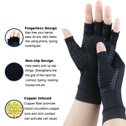1Pair Copper Compression Arthritis Gloves - Fingerless Hand Support for Carpal Tunnel - Ideal for Typing,Crocheting, Men & Women