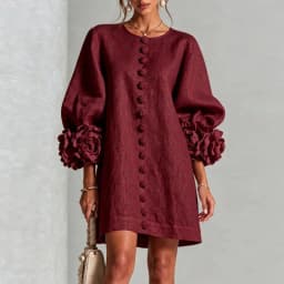 Vintage Solid Dress Ladies Puff Sleeve 3D Floral Decoration Buttons Decor Loose Straight Dress Holiday Party Daily Short Dresses