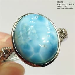 Natural Blue Larimar Oval Adjustable Ring Jewelry Water Pattern Real Larimar For Women Men Healing Fashion Stone AAAAAA