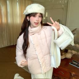 Sweet Pink Bow Stand Collar Puffer Jacket Women Korean Lace Spliced Thick Outerwear Students Winter Warm Cropped Cotton Jackets