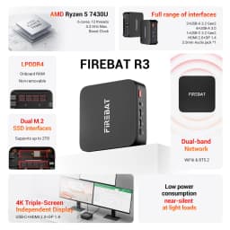 FIREBAT R3 Mini PC New AMD Ryzen 5 7430U 16GB LPDDR4 RAM 512GB SSD Wi-Fi 6 BT5.2 USB 3.0 Window11 Gaming Desktop Mini Computer