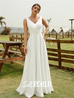 Popular Lace Back Bride Dress, Simple Chiffon A Line Wedding Dresses, Tank Sleeves Zipper White Bridal Gown