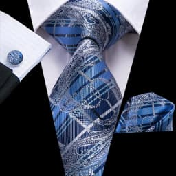 Hi-Tie Silk Wedding Tie For Men Blue White PlaidHandky Cufflink Set Fashion Designer Necktie For Men Business Party Dropship