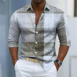 Men's retro plaid print long-sleeved shirt, button-down front for everyday wear, relaxed fit, business casual top.
