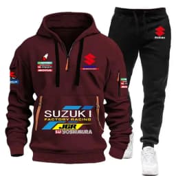 2026 Suzuki Men's Hoodie, Half-Closed Front Multi-Pocket Sport Shirt + Athletic Pants Two-Piece Set for Cycling, Running and Mot